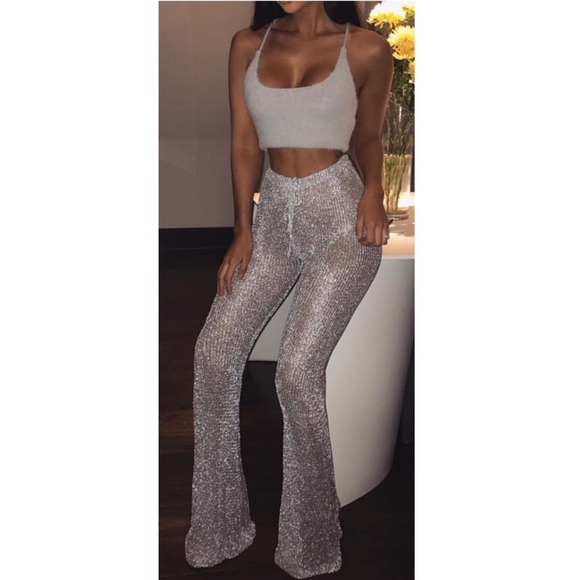 Pants - Metallic Silver Knitted Flares, One Size Fits All